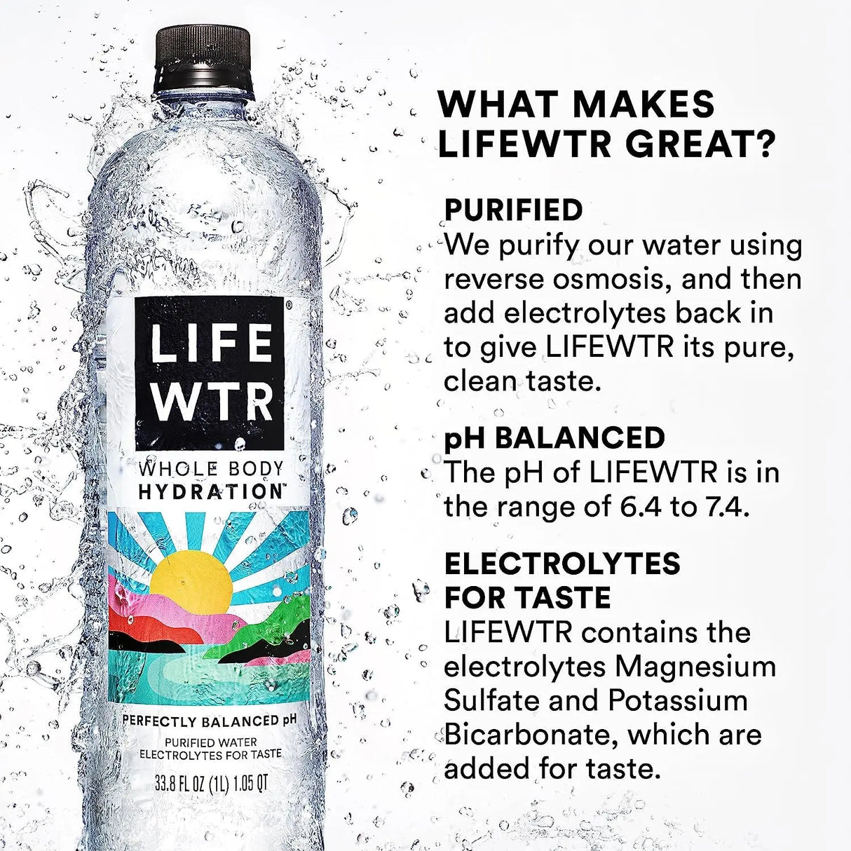 Premium Purified Water, Ph Balanced with Electrolytes, 100% Recycled Plastic Bottles, 33.8 Fl Oz, 1L (Pack of 6)