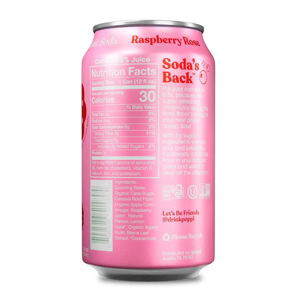 Sparkling Prebiotic Soda Beverage with Apple Cider Vinegar, Seltzer Water and Fruit Juice, Raspberry Rose Flavor, 12 Oz, Pack of 12, Packaging May Vary