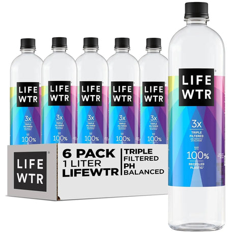 Premium Purified Water, Ph Balanced with Electrolytes, 100% Recycled Plastic Bottles, 33.8 Fl Oz, 1L (Pack of 6)